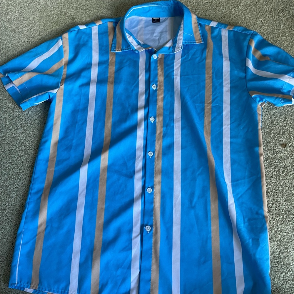 Blue, Tan, White Striped Shirt